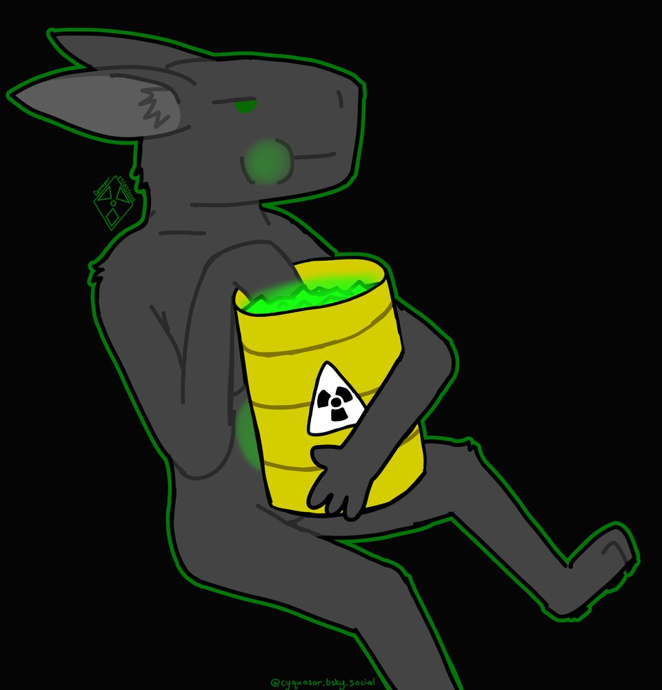 Phoenix the Everizion Dragon having a delicious snack of uranium from a radiation waste barrel.