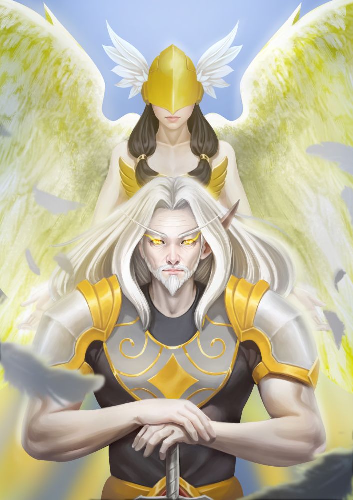 A World of Warcraft OC (Blood Elf Paladin) watched over by a Guardian of the Ancient Kings. 