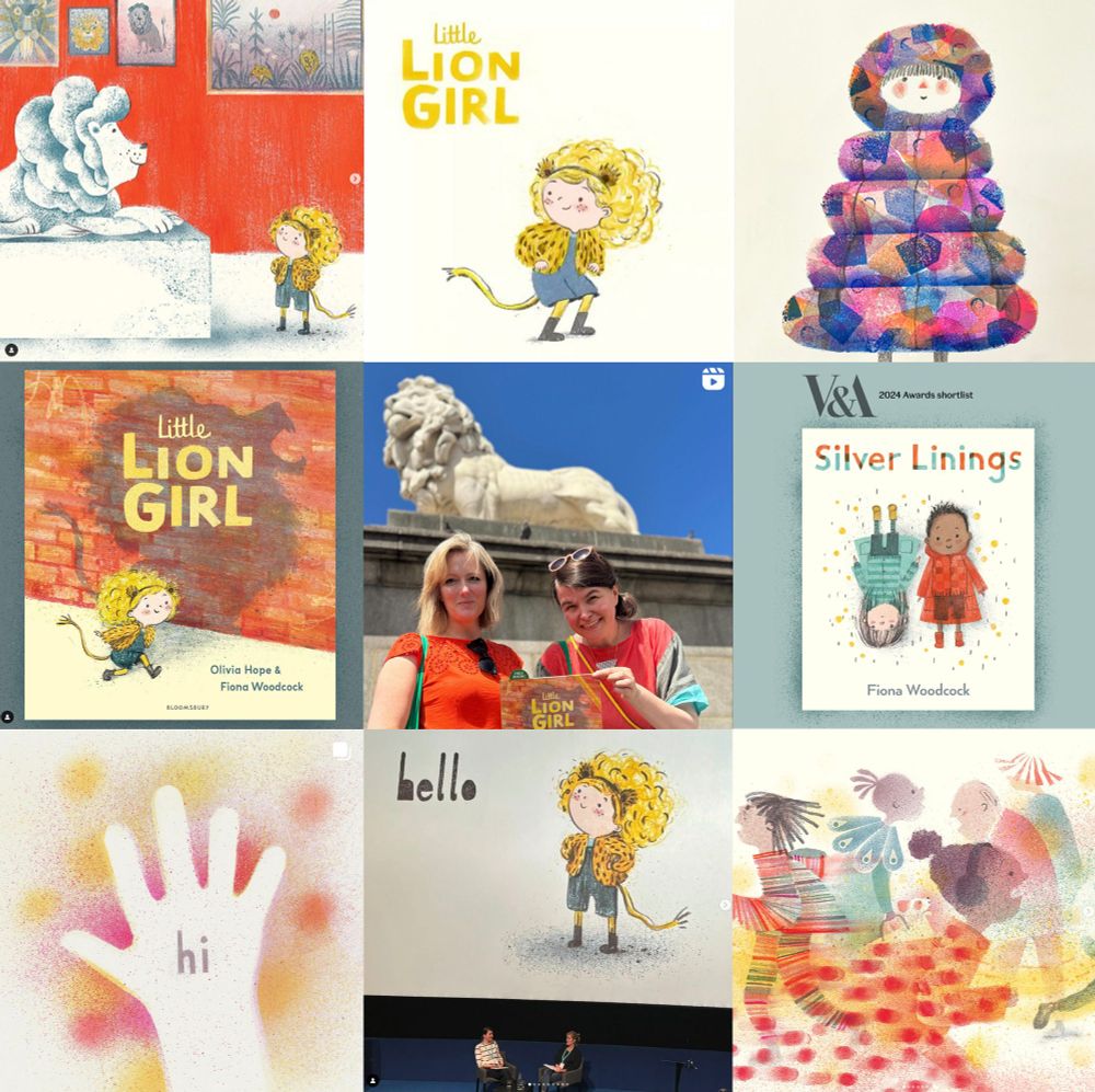A grid of nine colourful images that represent the creative highlights of 2024 - these include a central photo of Fiona Woodcock and Olivia Hope holding their book Little Lion Girl - which features heavily in the selection. There are illustrations of Leonie who is the Little Lion Girl and an image of the cover Silver Linings by Fiona Woodcock, celebrating the shortlisting in the 2024 V&A Illustration Awards.