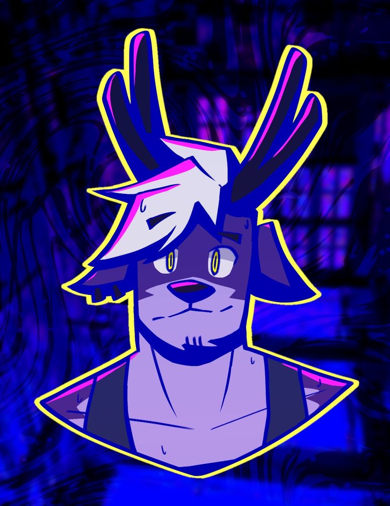 purple anthro deer with yellow eyes. has a concerned expression on face. has black piercings and white hair