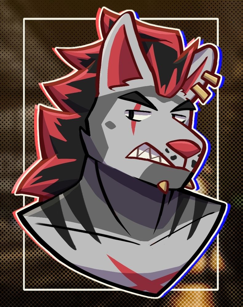 grey anthro wolf looking angrily to the side. has gold piercings, a scar on right eye, along with black hair with red tips