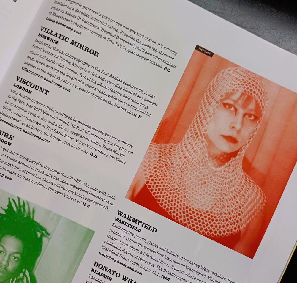 Short review of the musician Viscount in Electronic Sound magazine, featuring a picture tinted orange of the artist wearing a chainmail hood.