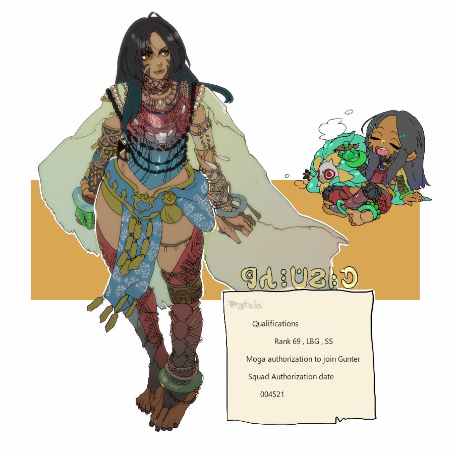 Drawing of monster hunter player character with long black hair wearing Uth Duna armor along with brief notes about her “qualifications” such as being Hunter Rank 69, Authorized by Moga Village’s guild branch to join the GUNTER SQUAD 