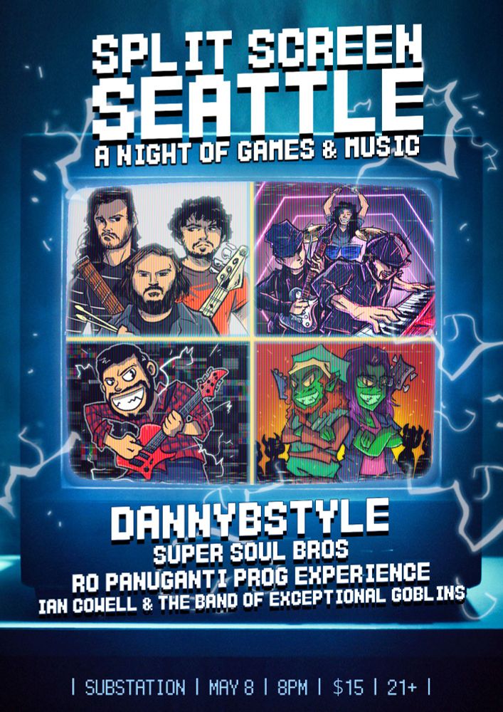 A poster for "Split Screen Seattle" featuring rad portraits of the bands performing arranged in quadrants on a CRT.
