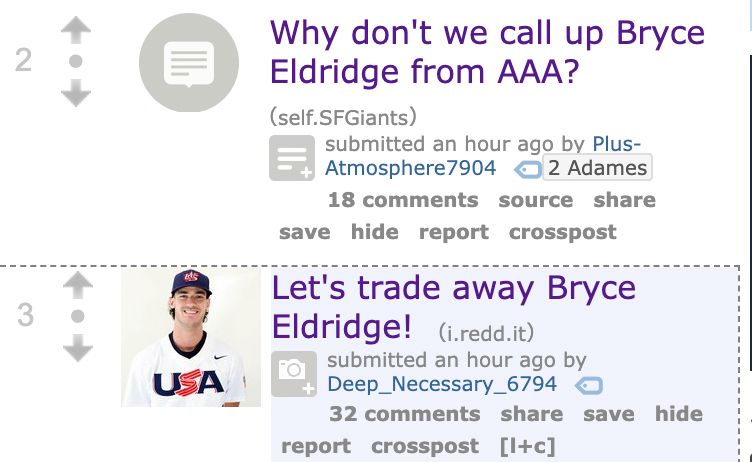 two reddit posts back to back. the top one says "why don't we call up Bryce Eldridge from AAA" while the second says "Let's trade away Bryce Eldridge"