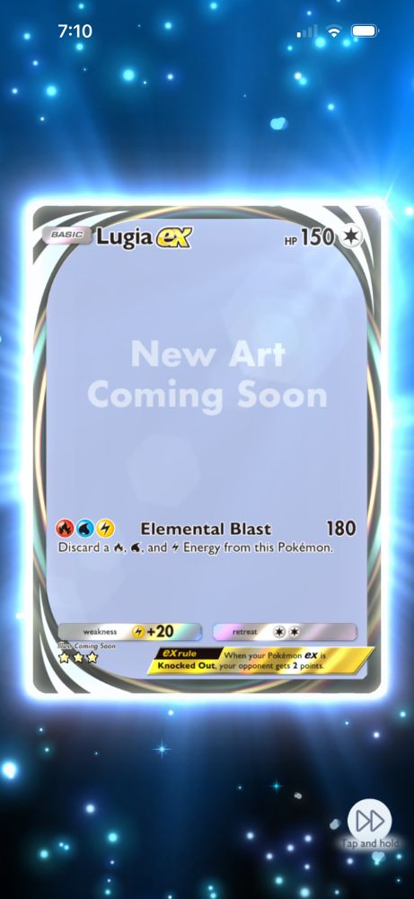 A freshly pulled Lugia ex immersive, missing its art and instead saying “New Art Coming Soon”