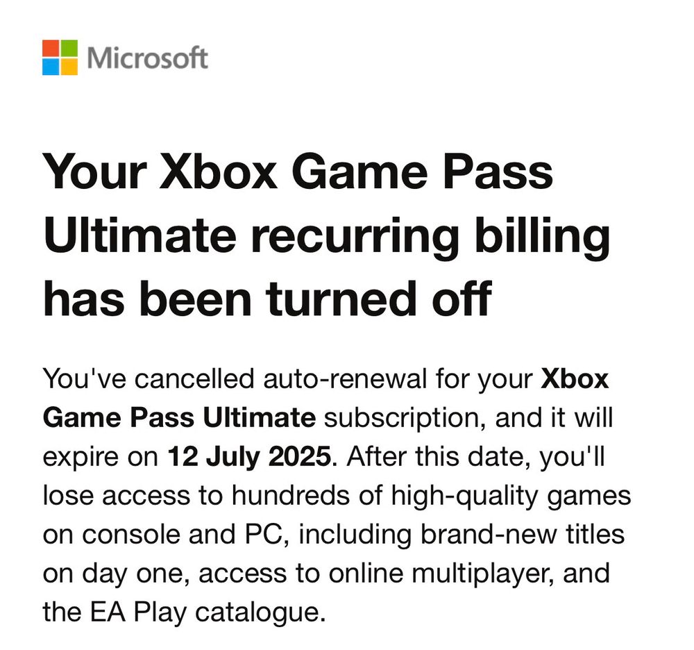 Screenshot of an email from Microsoft, saying “Your Xbox Game Pass Ultimate recurring billing has been turned off”