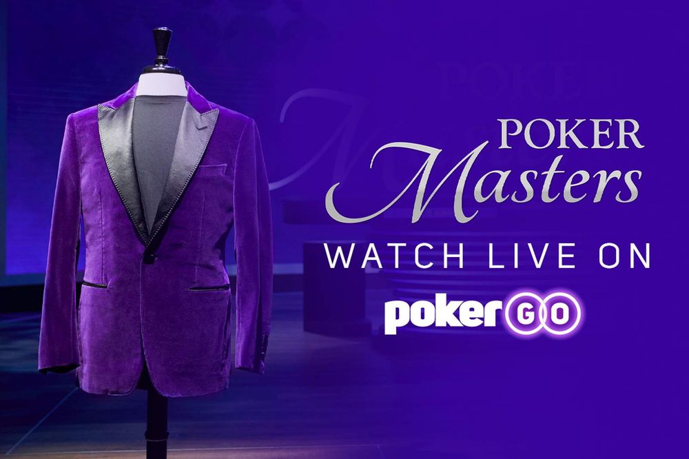Ad card for PokerGo's Poker Masters tournament series features a hideous purple jacket and the text "Poker Masters watch live on PokerGo."
