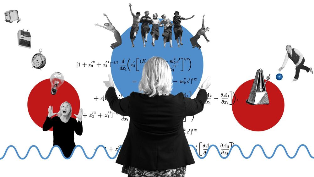 A picture where Anna stands with her back to the viewer, raising her hands like a conductor. In front of her you see several lines of mathematical formulas as well as old style pictures of objects and people having fun.