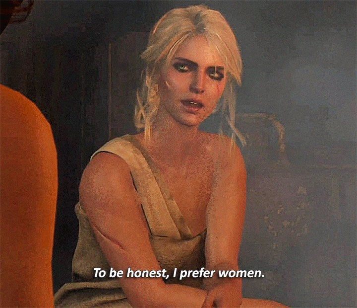 Bath image of ciri from the Witcher 3 saying "to be honest, I prefer women"