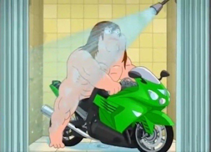Buff Peter griffin on a green motorcycle in the shower