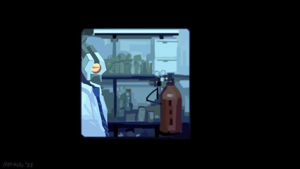 digital painting of Mirage from ULTRAKILL in a scene from the movie Primer. the art is framed in a small window, inside can be seen shelves of lab equipment as well as a fire extinguisher. mirage is over to the left side looking out the window. the art is primarily in light blue tones.