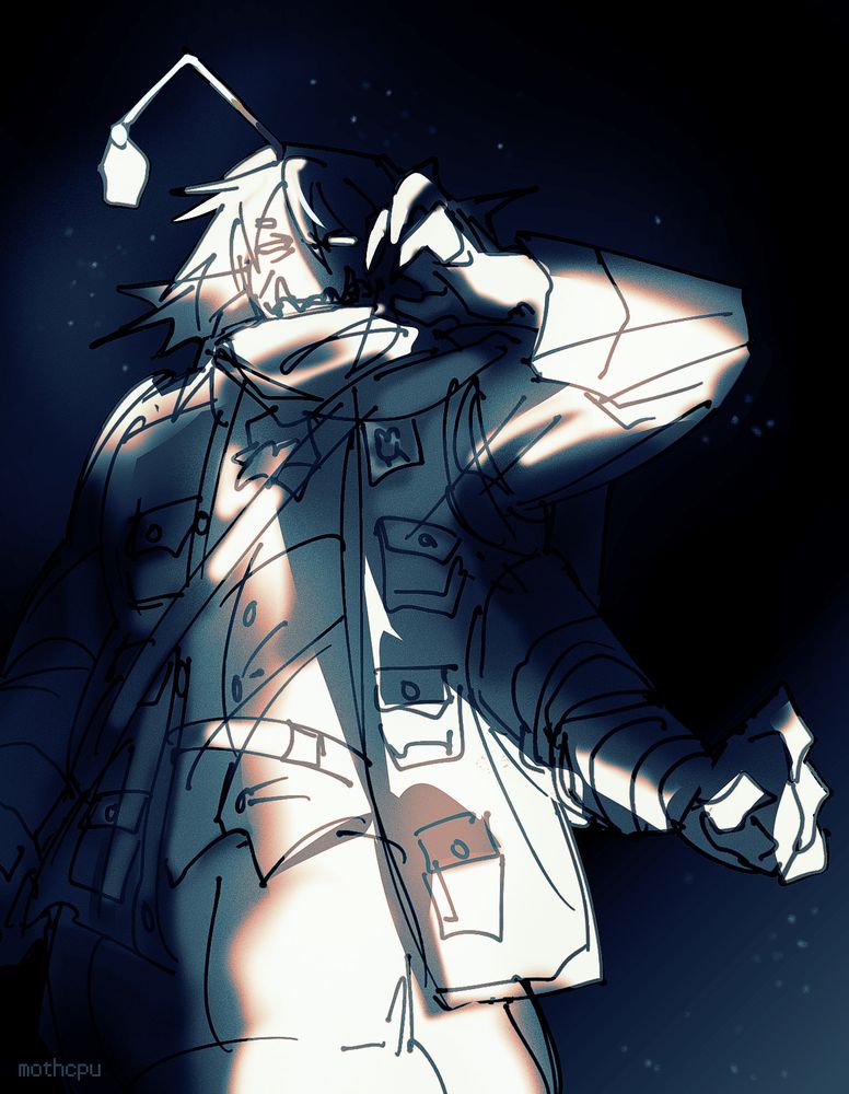 partially colored digital drawing of sebastian solace from pressure cropped at the waist. sebastian is a large humanoid anglerfish man with three arms, three eyes, and the body of a snake. he has medium length hair and is wearing a coat with many pouches along with a white shirt, a scarf, and a jabot. he's depicted as heavyset with an underbite and long teeth. in the drawing, he is squinting down at a very bright light, which illuminates him from below. the background is black, and the drawing has a limited blue palette