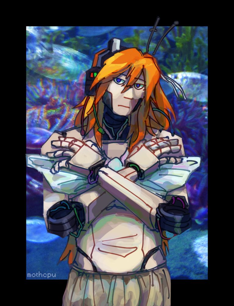 digital drawing of the vocal synthesizer adachi rei, a pale-skinned robot girl with visible black elbow and wrist joints. she's wearing a crop top styled like a large holographic butterfly and a beige skirt. she's looking at the camera with a neutral, tired expression and has her arms crossed. the background is two overlayed photos of an aquarium