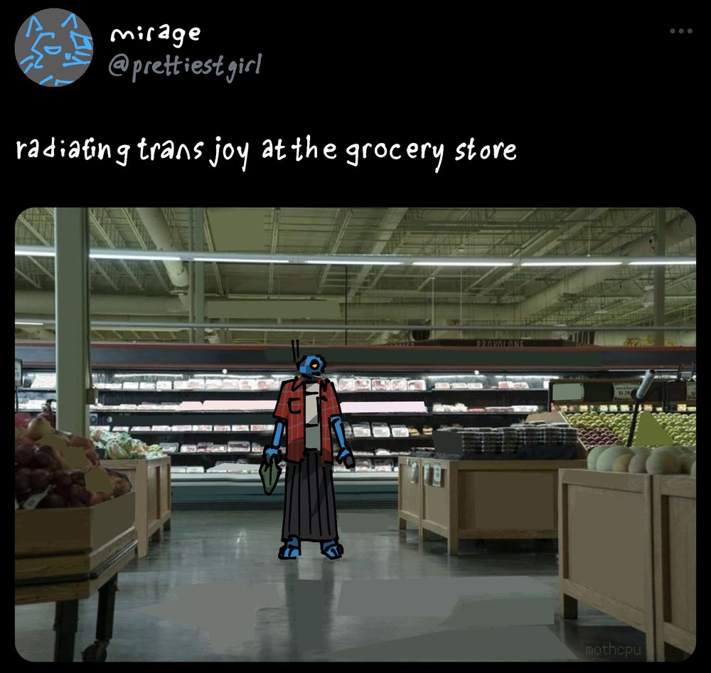 redrawn twitter post. the fake OP is mirage @prettiestgirl: "radiating trans joy at the grocery store". the drawing below is of mirage, wearing a long black pleated skirt, a white t-shirt, and a red overshirt standing awkwardly in an empty grocery store.