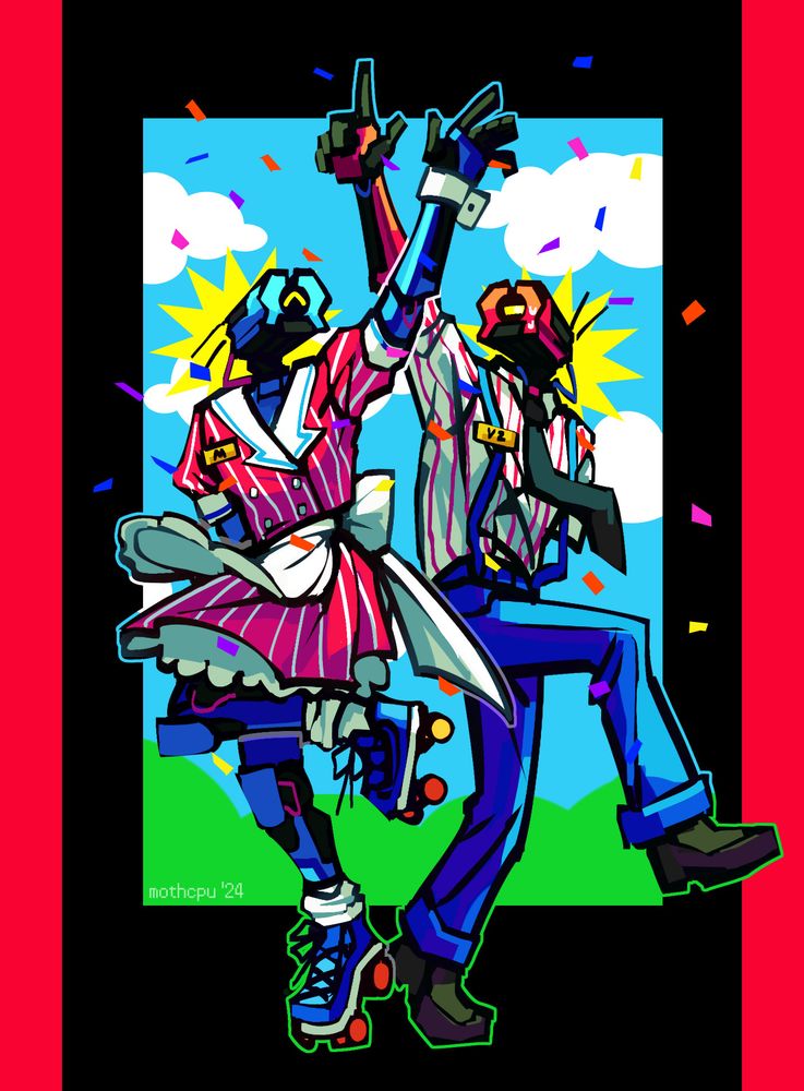 Digital drawing of Mirage and V2 from ULTRAKILL dressed in outfits from the music video for Mesmerizer by 32ki: a short red waitress-style dress with white pinstripes and roller skates, and blue pants with suspenders and a white dress shirt respectively. Mirage has one of her legs up and her arm raised in celebration, V2 is in a similar pose but looks worried. The background is black, with a square displaying a cartoon blue sky with clouds and hills, and two red-pink bars on either side. The drawing is in bright colors.