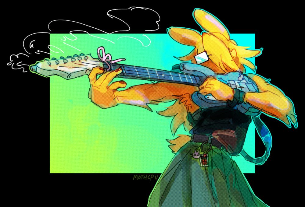 digital drawing of lamp, an original character. it is a yellow humanoid bunny-like creature with fluffy hair and opaque square glasses. it's depicted wearing a blank tank top and army green skirt with keychains on its belt, and it is holding a smoking electric guitar as if it's a rifle. the background is black, with a green-blue gradient square behind it