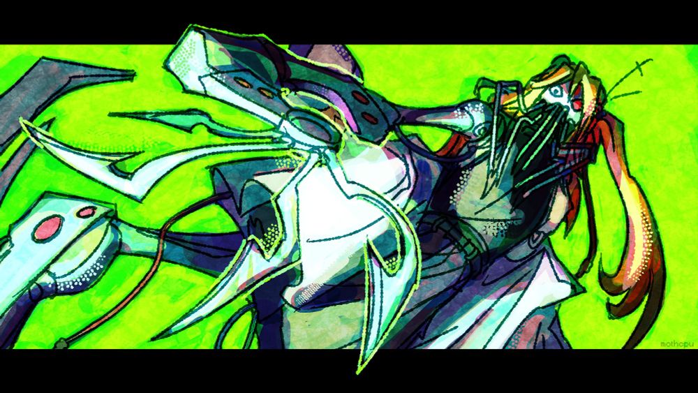 digital drawing of the UTAU adachi rei, a girl with orange hair in a side ponytail wearing a sleeveless black turtleneck, a white windbreaker, and a grey skirt, as the character calne ca, a humanoid robotic creature with a mannequin body, enlongated limbs and a  mandible-like mouth. the drawing is from a low angle and lit from below, with a bright green background. the colors are very bright.