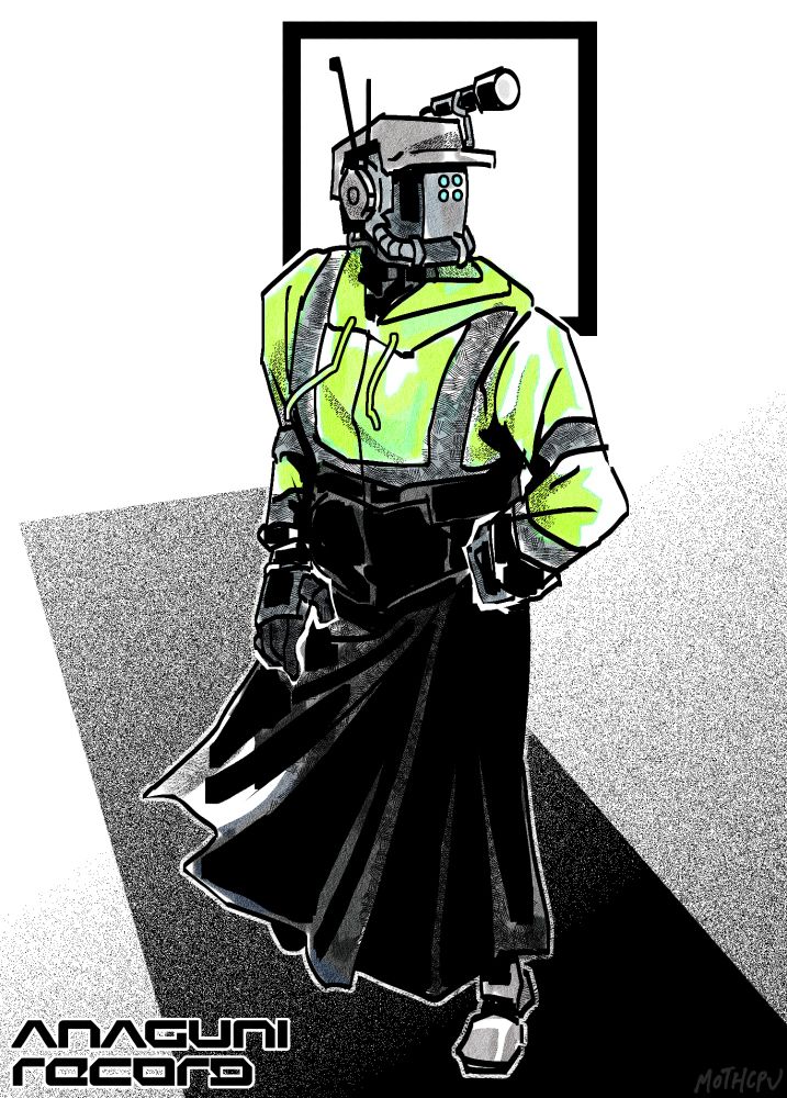 digital drawing of konjac, an original robot character. they're broad-shouldered, with a head shape evoking a human with a hard hat on. a flashlight is attached to the side of their head, and they have four small eyes on one side of their face plate. they're wearing a hazard colored hoodie and a long black skirt. in the drawing, they're depicted from a high angle, with one hand on their hip and looking up, with a stylized shadow of a rectangle as the background behind them. the drawing has thick lines, with coloring similar to physical alcohol markers. 