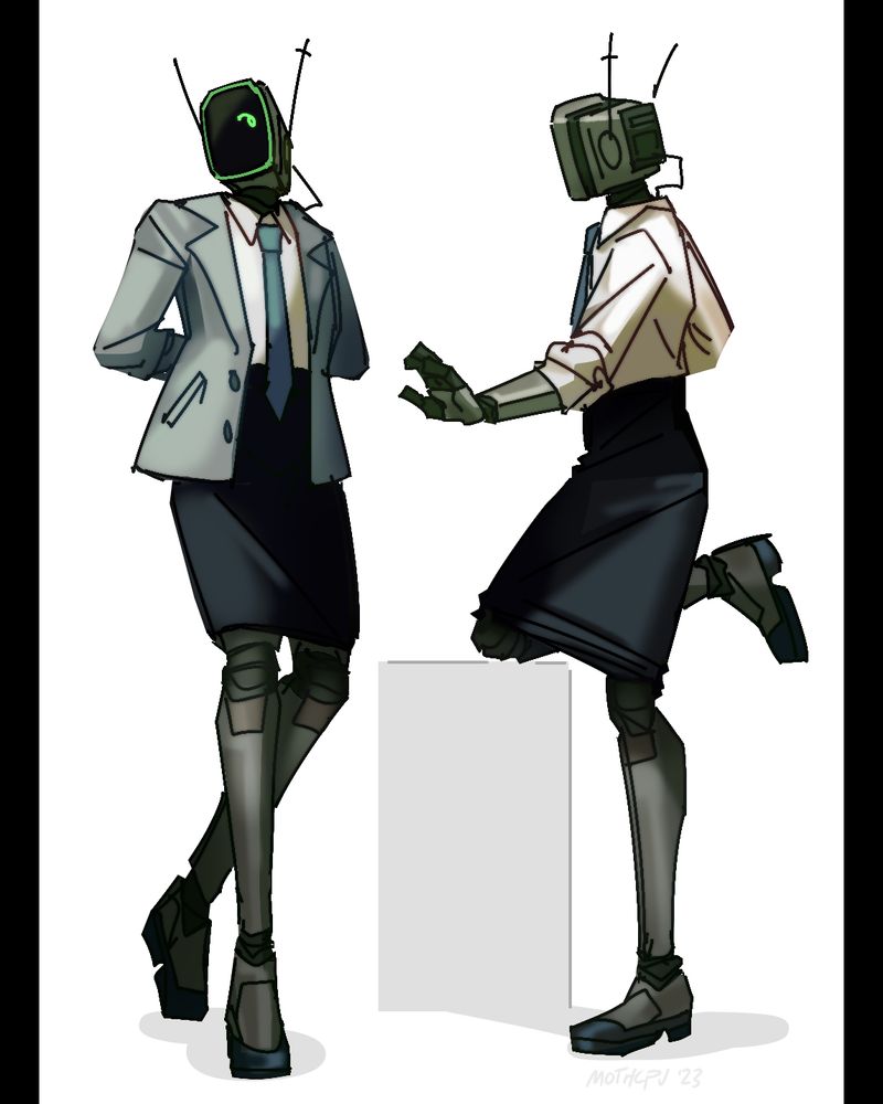 two digital drawings of the AI SPEAKER from the podcast SAYER. it's depicted as a skinny humanoid robot with pale green plating and dark green accordion-like joints. its face is a blank screen with a single lime green eye displayed. in the drawing, it's wearing a light grey blazer with a black pencil skirt and sheer black tights. in the first image, it's standing with its hands behind its back. in the second, it has its knee propped up on a plain box structure, and is looking away from the camera.