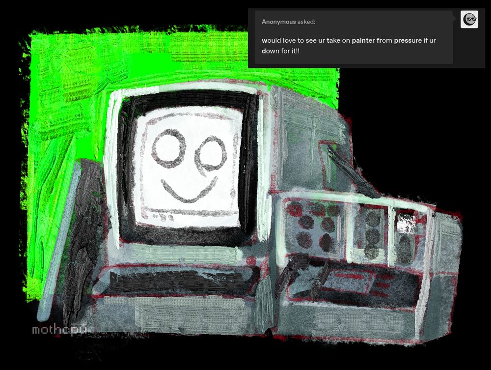 Digital drawing of Painter from Pressure in a pseudo-painterly style. The background is neon green.