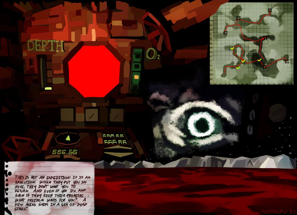 Digital drawing of various scenes from the game Iron Lung: the interior of a submarine in primarily red lighting with various dials in green with a red window in the center, a small greenish map of an ocean, a grainy photo of an eye on a screen, a starry sky and mountains above an ocean of blood, and a note beginning with "This is not an expedition. It is an execution."