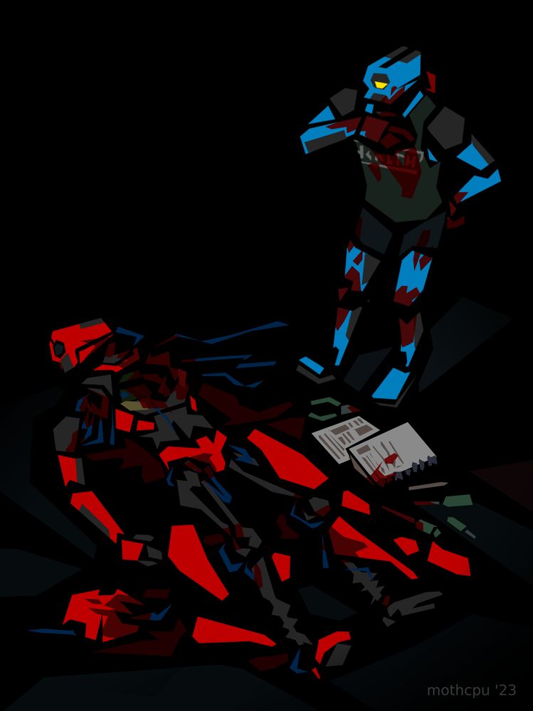 digital drawing of Mirage and V2 from ULTRAKILL rendered in a simple angular style against a black background. Mirage is standing above V2's cadaver; she has dismantled its plating so its skeleton and internal wiring is exposed. She's wearing a health (band) tank top and black shorts, both her and V2's body are covered in blood. Next to the body are notebooks, a pair of pliers, and a variety of screwdrivers.