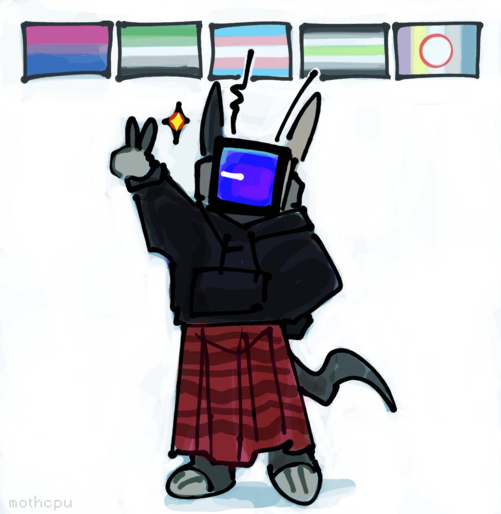 digital doodle of my sona, a tv-headed robot wearing a hoodie and a red skirt, in a cartoony style  holding  up a peace sign. behind him are five pride flags: bisexual, aromantic, transgender, agender, objectum.