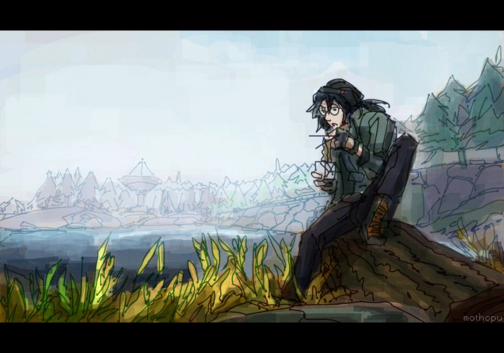 digital drawing of dr kel from voices of the void sitting on a log eating noodles out of a takeaway box. kel is a skinny white guy with long black hair wearing a black beanie and pants, with a green jacket. the landscape behind him is foggy, depicting a lake and a radio telescope in the distance. the drawing is in a watercolor style.