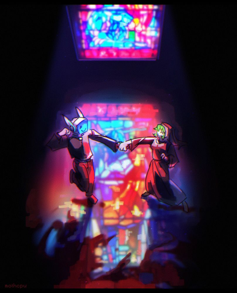 Digital drawing of the UTAU vocal synths Denki Sai and Acme Iku dancing in the light of a stained glass window, which reflects off the shiny floor. Denki Sai is a TV-headed man with a blue-screened face and two earlike antennae on the sides of his head depicted wearing a black cassock. Acme Iku is a green-haired, pale skinned woman depicted wearing a nun's  habit. Blood stains the floor under them. The drawing is in bright, colorful tones of blue and red.