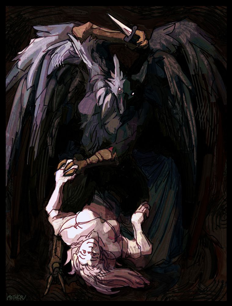 Digital painting of the protagonist and the Princess from Slay the Princess. The protagonist is a black, birdlike anthropomorphic creature with many wings and large scaly claws, the Princess is a woman wearing a long dress, depicted stylistically in pure white. The protagonist is depicted straddling the Princess, raising a dagger above his head about to stab the Princess, as she looks up at him with a smile. They're grappling with each other, but they're holding hands. The drawing is starkly lit, and has lots of visible brush strokes.
