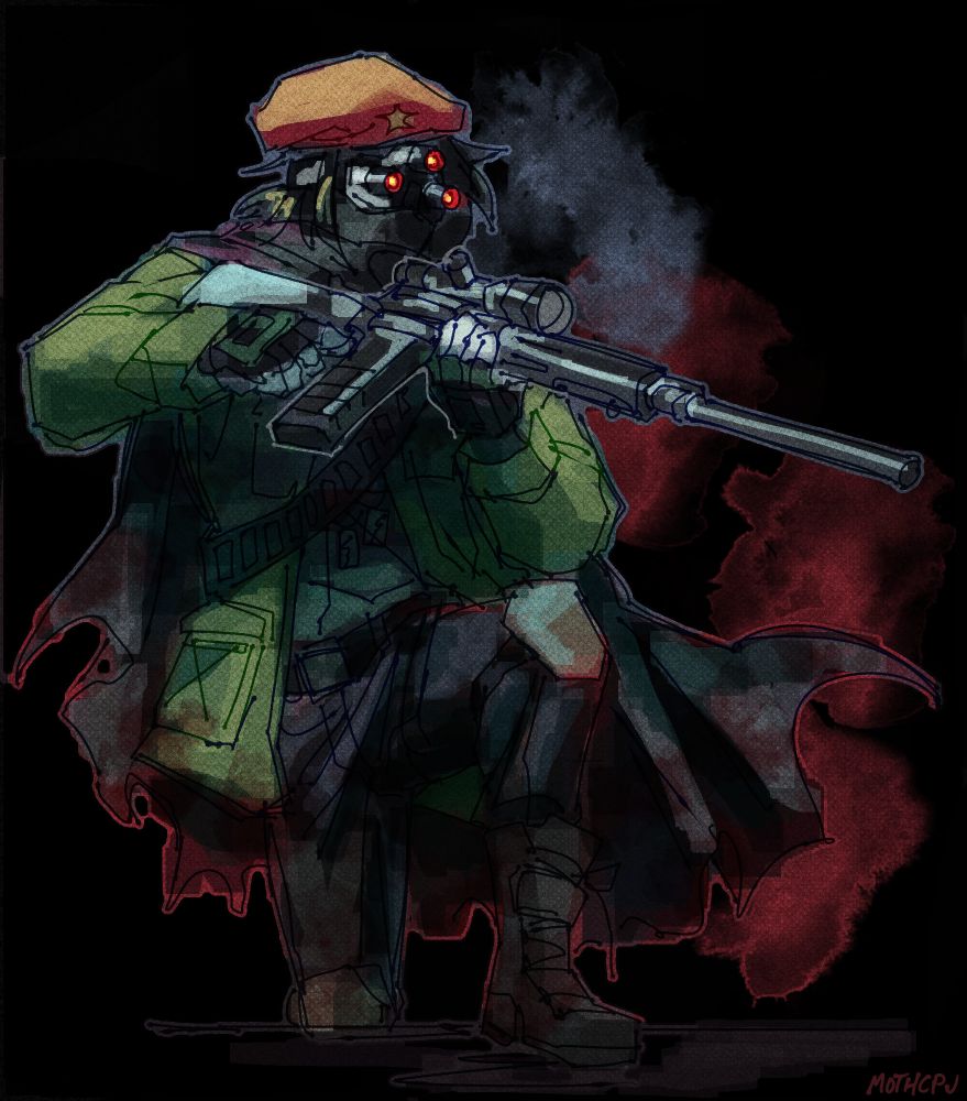 digital drawing of an original character. she's a black haired person wearing three eyed goggles, a dark green jacket, a tattered cloak, and a red beret. she's depicted looking to the left, holding up a rifle and has her foot up on a higher surface. the drawing is in a textured watercolor style