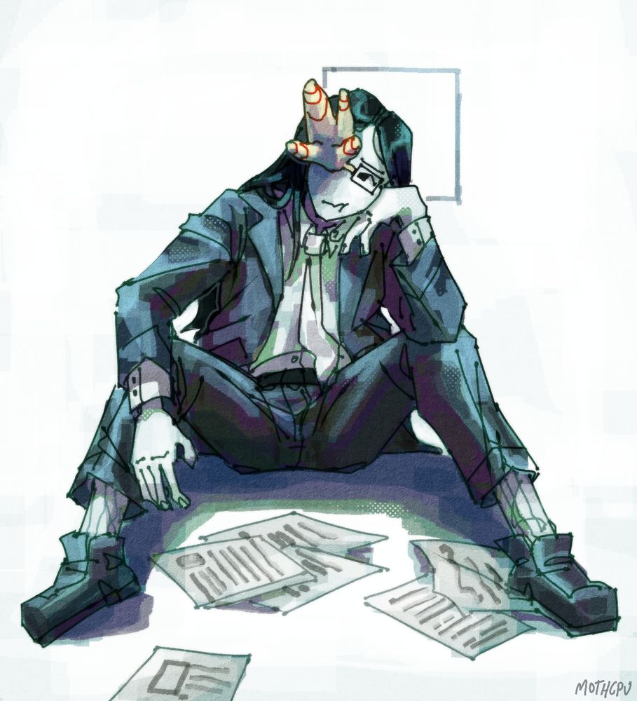 digital drawing of coral glasses from ENA: Dream BBQ; a young woman with pure white skin and long, straight black hair in a black suit with white dress shirt and tie. A beige piece of coral replaces her right eye. she's depicted sitting with her legs spread and her elbows on her knees, tilting her head onto her hand and looking bored. pieces of paper surround her on the ground, the background is white
