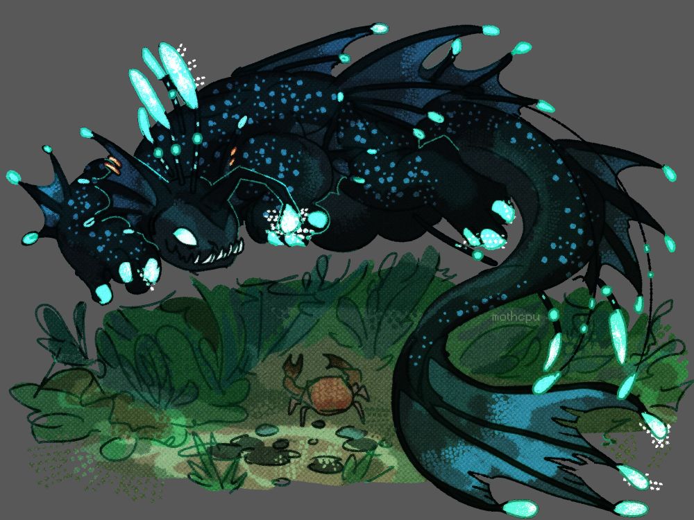 digital drawing of azazel, a large anthropomorphic angler fish. he's black, with various bioluminescent teal spots on his fins. he's depicted swimming in the ocean and looking down at a small crab in the grass and smiling.