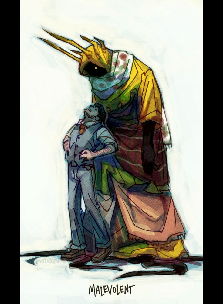 digital drawing of arthur lester and john doe from malevolent. arthur is a man with short dark brown hair wearing a grey vest and pants over a white shirt. john is depicted here as a large, dark figure in a bright yellow cloak wrapped in various other fabrics with different colors and patterns. only his left hand is exposed, and there are black and purple tentacles sprouting from under the cloak. he has yellow prongs sticking out from his head in a sort of crown shape. in the drawing, arthur is leaning back and looking directly up at john, who is looking down at him with one yellow eye. the background is white, and handwritten text underneath the drawing reads "malevolent"