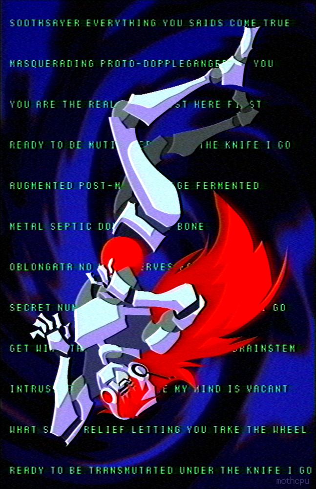 Digital fullbody lineless drawing of Cyl from Picayune Dreams, a humanoid cyborg with white plating, a helmet that covers one of her eyes with a red circle, and long red hair. Her abdomen is a large bright red orb. In the drawing, she's depicted looking at the camer, floating upside down and holding her arms at chest level. The background is a vague blue spiral shape with lyrics from Full Metal Dipshit by Machine Girl overlayed on top in green text. The drawing has a VHS-style filter over it.