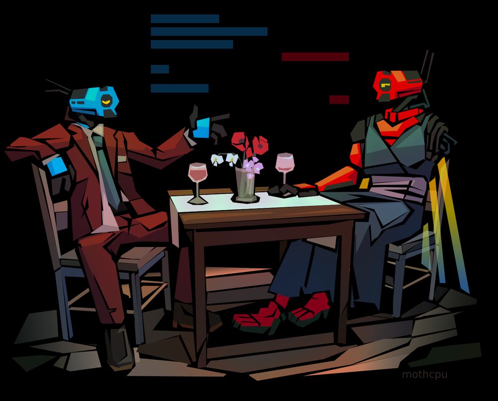 Digital drawing of Mirage and V2 from ULTRAKILL in a simple angular style, depicted sitting across from each other at a restaurant table with glasses of wine. Mirage is wearing a burgundy suit with an untucked grey dress shirt and a grey-blue tie, and V2 is wearing a grey-blue maxi spaghetti strap dress with wide grey cloth wrapped around the waist. Mirage is sitting casually, with her legs spread and her arm across the chair, gesturing as if she's mid-speech. V2 is sitting politely with its hand holding its wine glass and its legs crossed. There are plain blocks in the background implying speech bubbles or text, and there are a variety of flowers on the table between them (red poppies, purple hydrangeas, and a white orchid) in a vase.