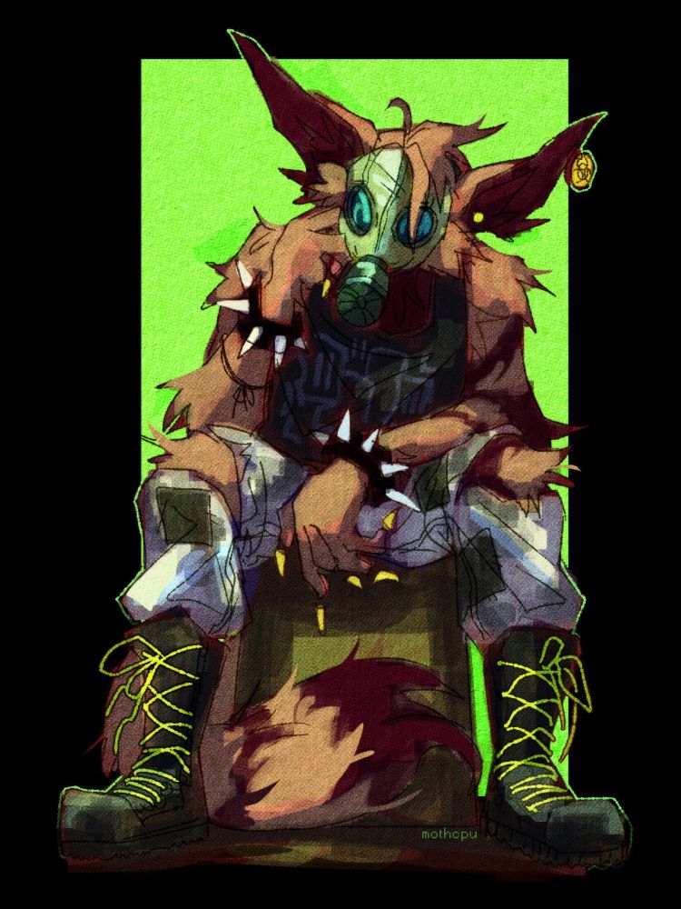 digital drawing of jupiter, a brown furry character wearing a gas mask, grey camo pants, and a black tank top. they're depicted at a low camera angle sitting on a box. the background is black with a large bright green square.