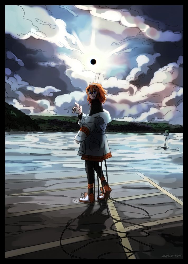 Digital drawing of the vocal synthesizer Adachi Rei, an orange-haired robot girl in a white jacket with orange trim, black leggings, orange sneakers, and a black turtleneck. She's depicted standing in a flooded parking lot, with a large lake behind her. The sky behind her is cloudy, with an eclipsed sun in center view. The drawing is in neutral, high-contrast tones.
