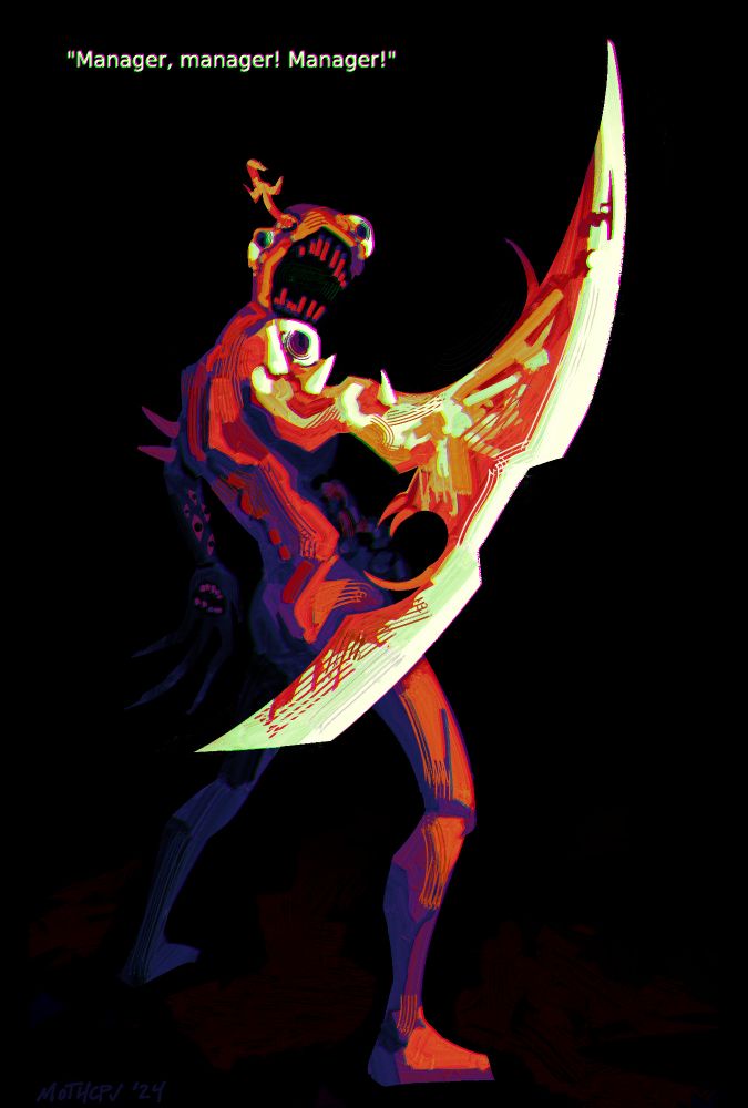 Digital drawing of Nothing There from Lobotomy Corporation, a red humanoid with a large mouth instead of a face, many eyes scattered around its body, and one large scythe-like arm. It's standing with its back to the camera and looking over its shoulder. The background is black, and the drawing is in bright colors. Text above the drawing reads "Manager, manager! Manager!"