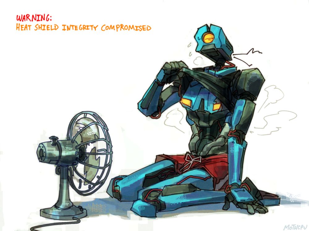 Digital drawing of Mirage from Ultrakill wearing a black tank top and red shorts sitting on her knees in front of an old mechanical fan blowing at her chest area. She's lifting her tank top up and has her head tilted up with a tired expression. the background is white, and in the corner text reads "WARNING: HEAT SHIELD INTEGRITY COMPROMISED"