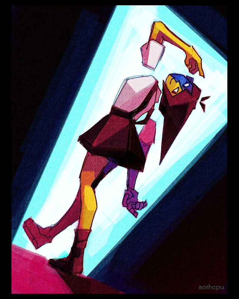 Digital drawing of Ena from the eponymous webseries; an abstract low-poly 3D girl in a skirt and suspenders, half of her body is blue, and the other yellow. Her shoulders and head are disconnected from her body. She's depicted walking through a square of light with her back to the camera, looking behind her with a tilt of her head. The drawing is in bright, watercolor-like tones.