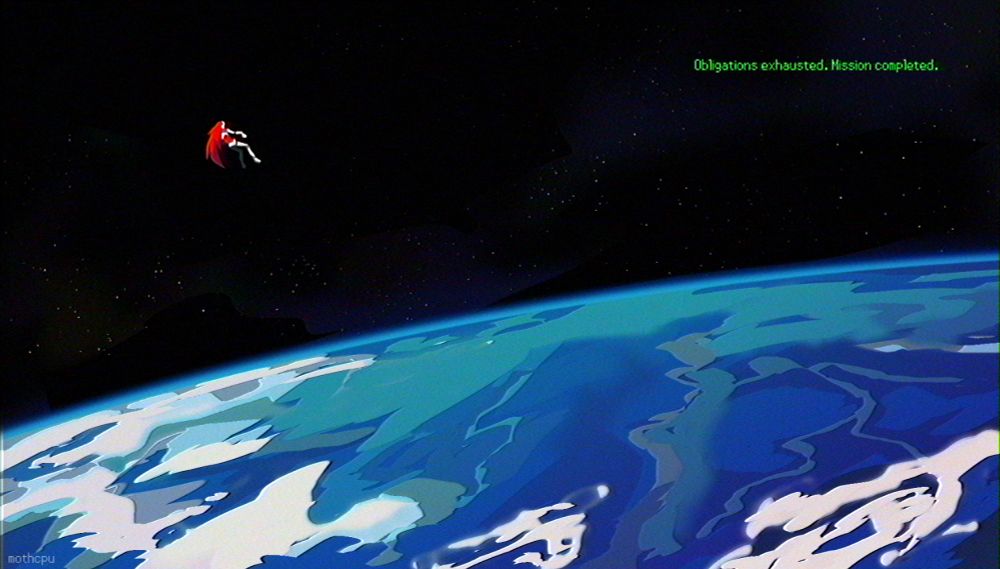 Digital drawing featuring Cyl from Picayune Dreams, a humanoid cyborg with white plating and long red hair. She's depicted from very far away, floating above the Earth in space. Green text in the top right corner reads "Obligations exhausted. Mission completed". The drawing style is lineless, with a grainy VHS-style filter over it