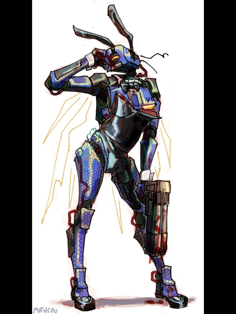 digital drawing of V1 from ULTRAKILL posing flirtatiously wearing a classic Playboy bunny suit, albeit with one of the chest pads loose. it's covered in blood, smearing some across its face, its other hand holding a shotgun. the background is white, and the drawing is in colorful painted tones.