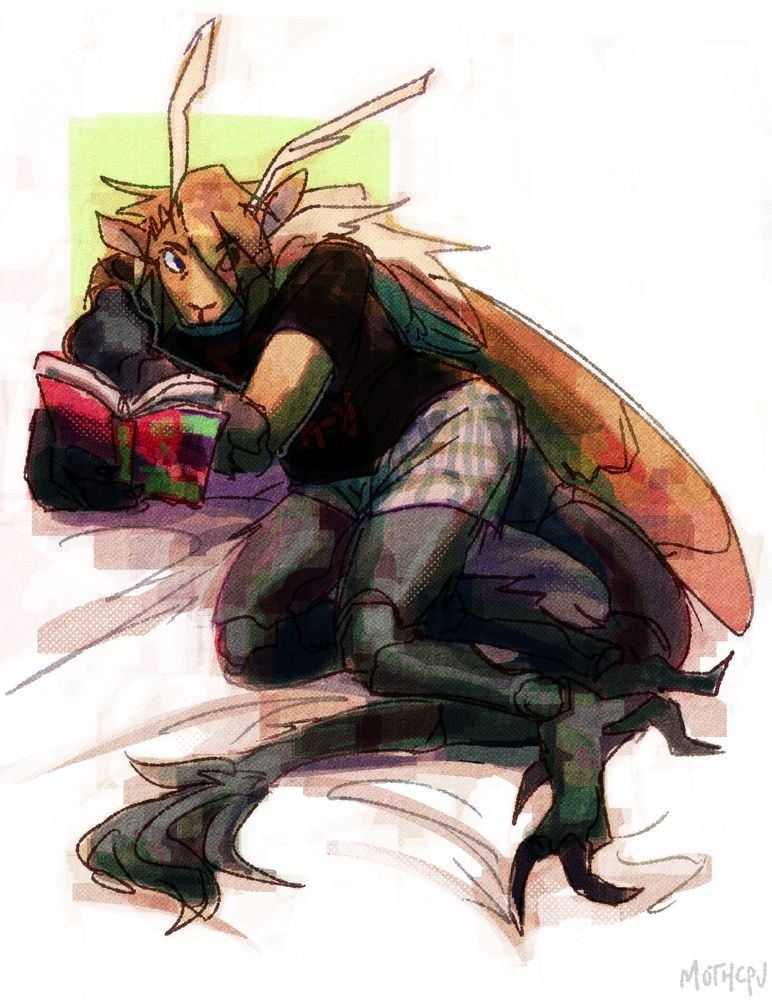 digital drawing of a furry character, avi. he's a large anthropomorphic moth/rabbit creature with brown fur that turns into black fuzzy exoskeleton on his arms and legs. he has a long chitinous tail, antennae, and moth wings. he's depicted lounging on some white fabric and reading a book. the drawing is in warm tones and a watercolor-like style.
