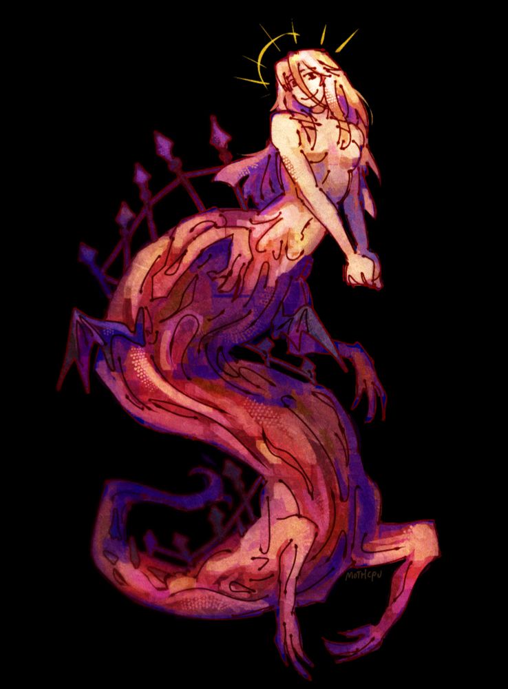 digital drawing of alice, an original character. her upper half is a bare, pale-skinned humanoid torso with long pink hair, and her lower half is a large, demonic, meaty four-legged creature with skinny legs, a stubby tail, and a large iron railing and tiny wings sticking out of her back. she's depicted floating in a black void, with her hands held together and smiling with her head cocked. there's a stylized halo behind her head.