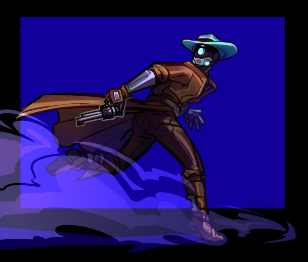 Digital drawing of Bandit from the Risk of Rain games. he's a robotic humanoid guy wearing a long brown coat and boots, with a light blue cowboy hat. he has one blue mechanical eye. he's depicted running to the right and looking behind his shoulder to the left, and he's holding his pistol in his right hand. smoke surrounds his feet, and the background is black with a dark cobalt blue rectangle.