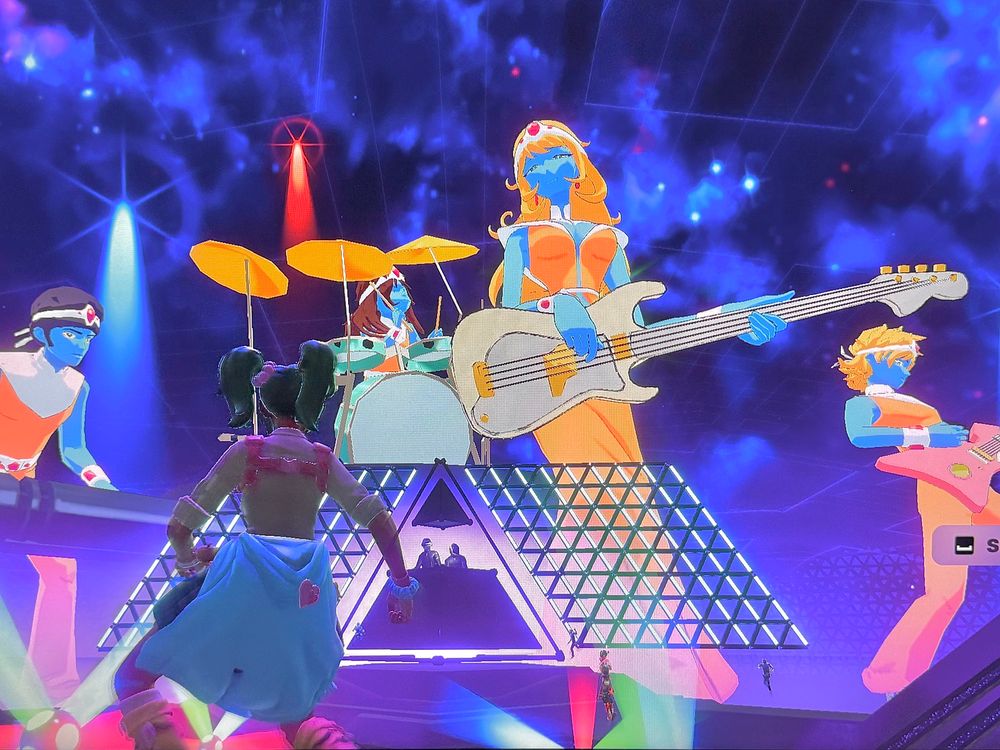 Image of the cresendolls in Fortnite with og character Nemia dancing in the foreground
