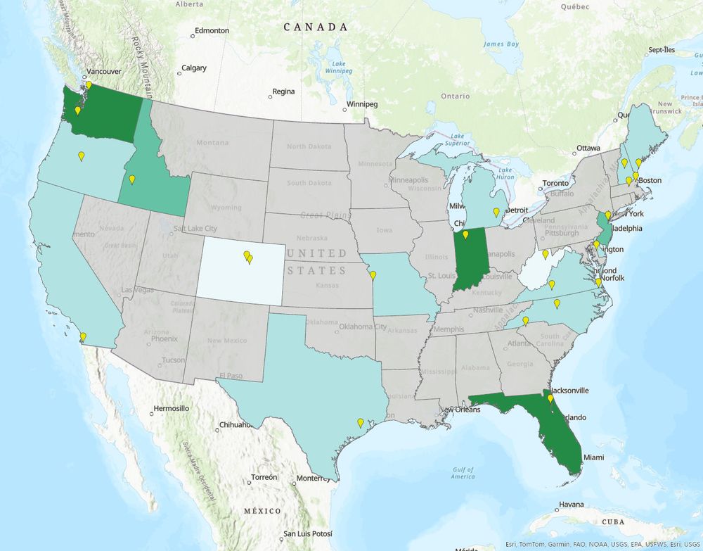 A map of the Continental United States highlighting different states, with pins demarking specific zip codes.