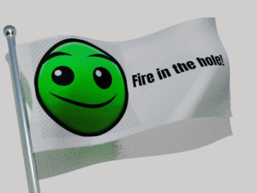 a flag with a green face and the words fire in the hole on it